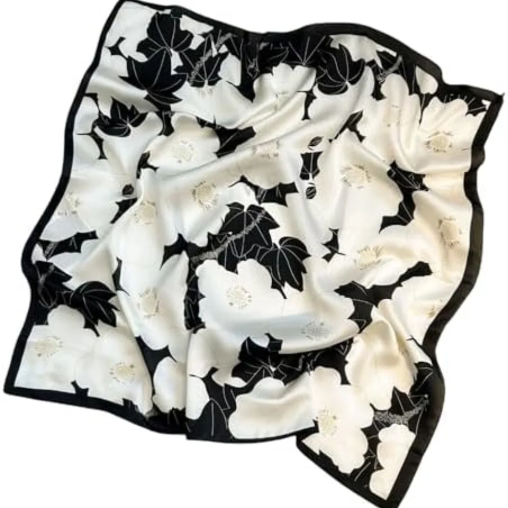 NWT Luxury Monochrome Floral Silky Square Scarf Black & White Botanical Wrap 35" - Picture 3 of 8